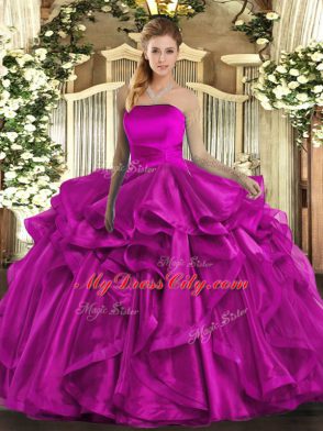 Classical Fuchsia Sleeveless Floor Length Ruffles Lace Up Quinceanera Dresses