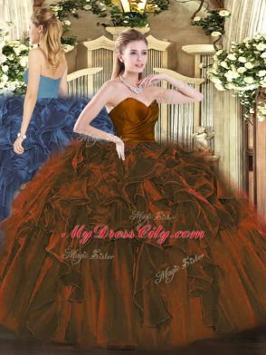 Brown Ball Gown Prom Dress Military Ball and Sweet 16 and Quinceanera with Ruffles Sweetheart Sleeveless Zipper