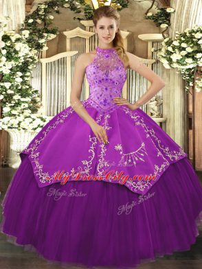 Elegant Eggplant Purple Halter Top Lace Up Beading and Embroidery Vestidos de Quinceanera Sleeveless