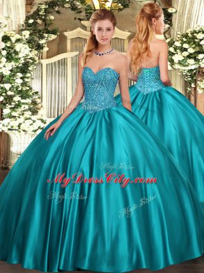 Sweetheart Sleeveless Satin Vestidos de Quinceanera Beading Lace Up