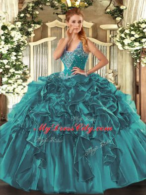 Cute Sleeveless Floor Length Beading and Ruffles Lace Up Vestidos de Quinceanera with Teal