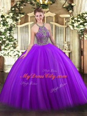 Tulle Halter Top Sleeveless Lace Up Beading 15 Quinceanera Dress in Purple
