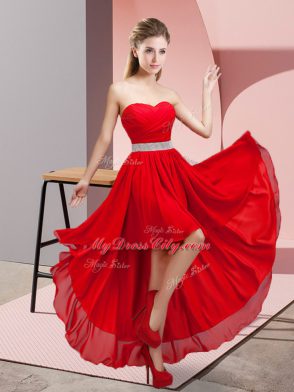 Wine Red A-line Chiffon Sweetheart Sleeveless Beading High Low Lace Up Prom Dresses