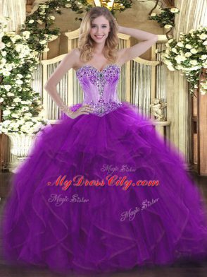 Eggplant Purple Quinceanera Gowns Sweet 16 and Quinceanera with Beading and Ruffles Sweetheart Sleeveless Lace Up