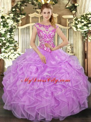 Dazzling Ball Gowns Quince Ball Gowns Lilac Scoop Organza Cap Sleeves Floor Length Lace Up