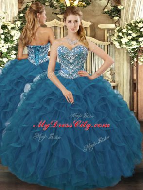 Low Price Teal Sweetheart Neckline Beading and Ruffled Layers 15th Birthday Dress Sleeveless Lace Up