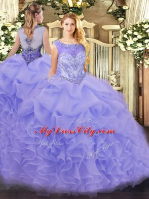 Shining Lavender Ball Gowns Organza Scoop Sleeveless Beading and Ruffles Zipper Quince Ball Gowns