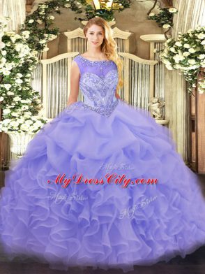 Shining Lavender Ball Gowns Organza Scoop Sleeveless Beading and Ruffles Zipper Quince Ball Gowns