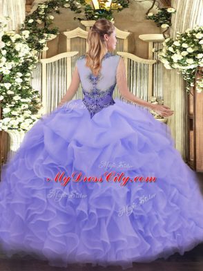 Shining Lavender Ball Gowns Organza Scoop Sleeveless Beading and Ruffles Zipper Quince Ball Gowns