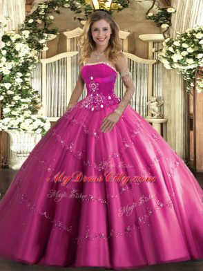 Floor Length Lace Up 15th Birthday Dress Hot Pink for Military Ball and Sweet 16 and Quinceanera with Beading and Appliques