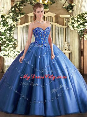 Beauteous Blue Sweetheart Lace Up Appliques and Embroidery Ball Gown Prom Dress Sleeveless