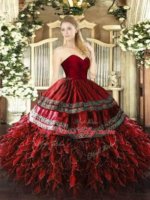 Trendy Organza and Taffeta Sweetheart Sleeveless Zipper Embroidery and Ruffles Quinceanera Gowns in Wine Red