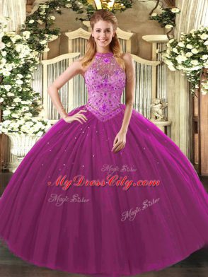 Dramatic Ball Gowns 15th Birthday Dress Fuchsia Halter Top Tulle Sleeveless Floor Length Lace Up