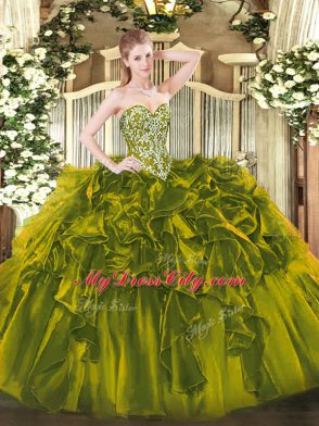 Olive Green Ball Gowns Organza Sweetheart Sleeveless Beading and Ruffles Floor Length Lace Up Quinceanera Gown
