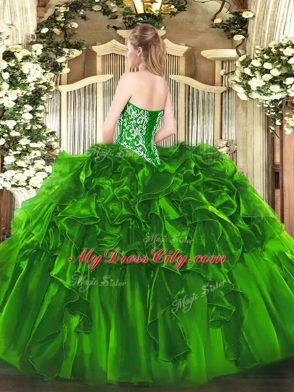 Olive Green Ball Gowns Organza Sweetheart Sleeveless Beading and Ruffles Floor Length Lace Up Quinceanera Gown