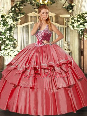 Traditional Coral Red Quince Ball Gowns Military Ball and Sweet 16 and Quinceanera with Beading and Ruffled Layers Straps Sleeveless Lace Up