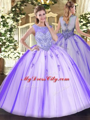 New Style Lavender Ball Gowns Tulle Scoop Sleeveless Beading and Appliques Floor Length Zipper Quinceanera Dress