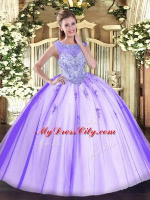 New Style Lavender Ball Gowns Tulle Scoop Sleeveless Beading and Appliques Floor Length Zipper Quinceanera Dress