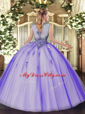 New Style Lavender Ball Gowns Tulle Scoop Sleeveless Beading and Appliques Floor Length Zipper Quinceanera Dress