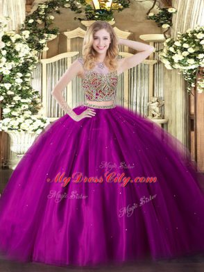 Low Price Floor Length Two Pieces Sleeveless Fuchsia Sweet 16 Dresses Lace Up