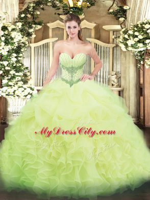 Sleeveless Floor Length Beading and Ruffles and Pick Ups Lace Up Quinceanera Gowns with Yellow Green