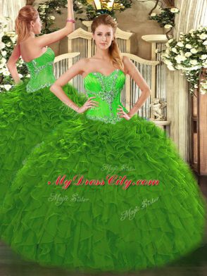 Green Organza Lace Up Sweetheart Sleeveless Floor Length 15th Birthday Dress Beading and Ruffles