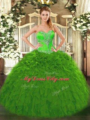 Green Organza Lace Up Sweetheart Sleeveless Floor Length 15th Birthday Dress Beading and Ruffles
