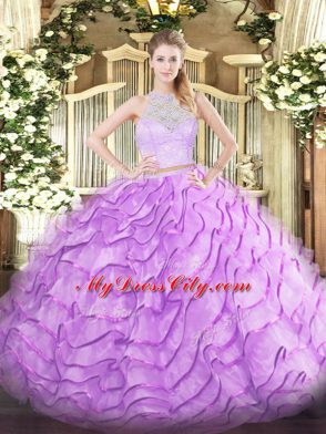 Nice Scoop Sleeveless Tulle Sweet 16 Quinceanera Dress Lace and Ruffles Brush Train Zipper