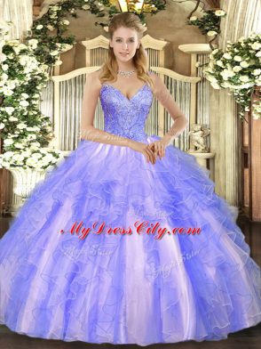 Fashionable Tulle V-neck Sleeveless Lace Up Beading and Ruffles Quinceanera Dress in Lavender