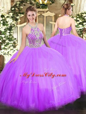 Floor Length Lilac Vestidos de Quinceanera Tulle Sleeveless Beading