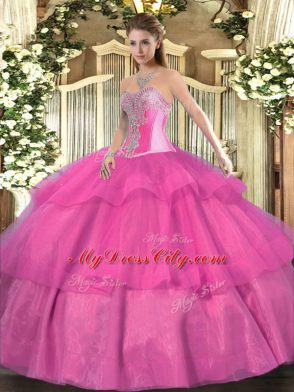 Floor Length Hot Pink Quinceanera Gowns Sweetheart Sleeveless Lace Up