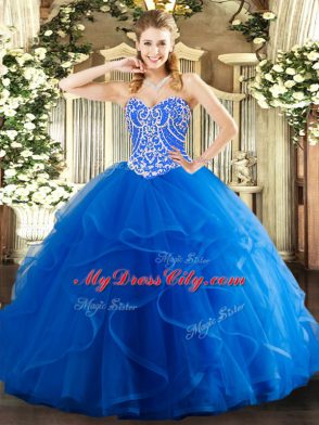 Artistic Beading and Ruffles 15 Quinceanera Dress Blue Lace Up Sleeveless Floor Length