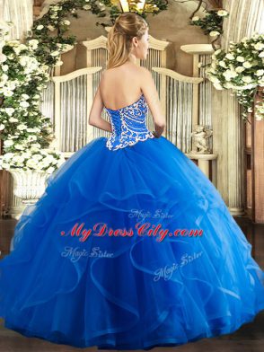 Artistic Beading and Ruffles 15 Quinceanera Dress Blue Lace Up Sleeveless Floor Length