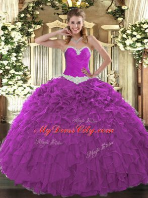 Fuchsia Sweetheart Lace Up Appliques and Ruffles Quinceanera Gowns Sleeveless