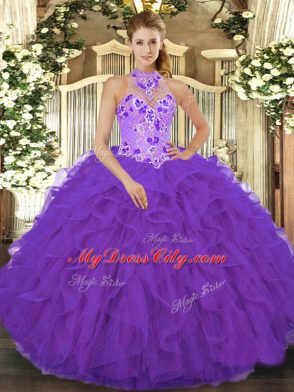 Suitable Purple Lace Up Halter Top Beading and Embroidery and Ruffles 15 Quinceanera Dress Organza Sleeveless