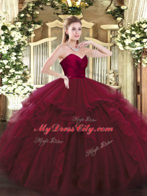 Ball Gowns Sweet 16 Quinceanera Dress Wine Red Sweetheart Tulle Sleeveless Floor Length Lace Up