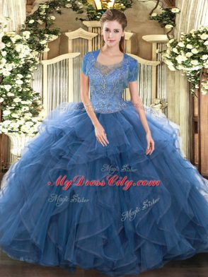 Glittering Sleeveless Tulle Floor Length Clasp Handle Sweet 16 Dress in Teal with Beading and Ruffled Layers