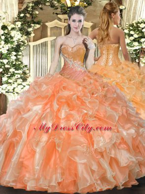 Sleeveless Organza Floor Length Lace Up Quinceanera Gown in Orange Red with Beading and Ruffles