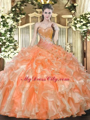 Sleeveless Organza Floor Length Lace Up Quinceanera Gown in Orange Red with Beading and Ruffles