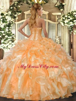Sleeveless Organza Floor Length Lace Up Quinceanera Gown in Orange Red with Beading and Ruffles