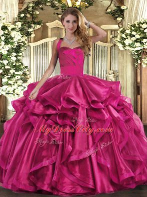 Organza Halter Top Sleeveless Lace Up Ruffles 15th Birthday Dress in Fuchsia