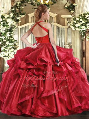 Organza Halter Top Sleeveless Lace Up Ruffles 15th Birthday Dress in Fuchsia
