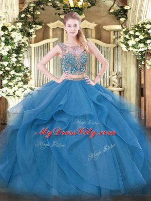 Blue Sleeveless Floor Length Beading and Ruffles Lace Up 15th Birthday Dress