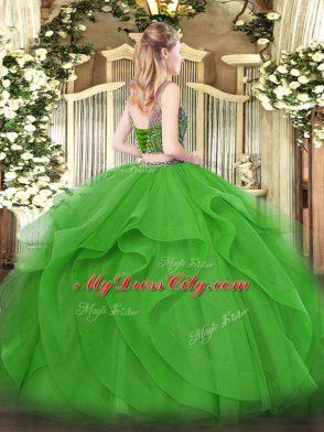 Blue Sleeveless Floor Length Beading and Ruffles Lace Up 15th Birthday Dress