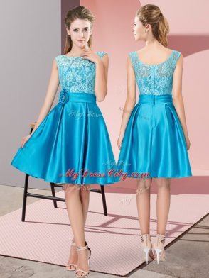 Sleeveless Knee Length Lace and Hand Made Flower Zipper Prom Evening Gown with Blue