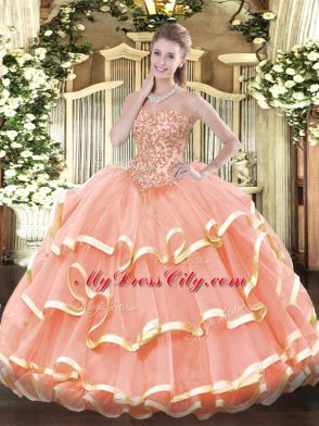 Peach Organza Lace Up 15th Birthday Dress Sleeveless Floor Length Appliques and Ruffled Layers