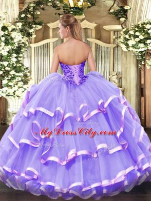 Peach Organza Lace Up 15th Birthday Dress Sleeveless Floor Length Appliques and Ruffled Layers