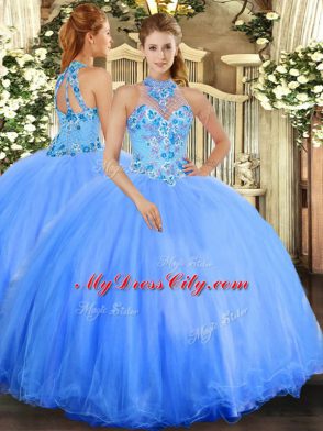 Cheap Embroidery Sweet 16 Dresses Blue Lace Up Sleeveless Floor Length