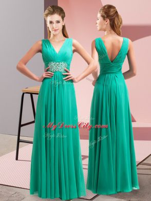 V-neck Sleeveless Prom Party Dress Floor Length Beading and Ruching Turquoise Chiffon