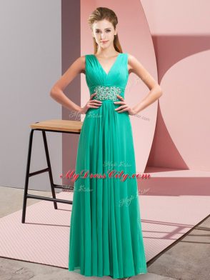 V-neck Sleeveless Prom Party Dress Floor Length Beading and Ruching Turquoise Chiffon